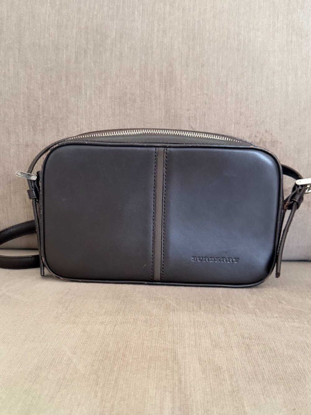 Burberry Brown Leather Crossbody Camera Bag Nova Check Strap Zip Shoulder Purse